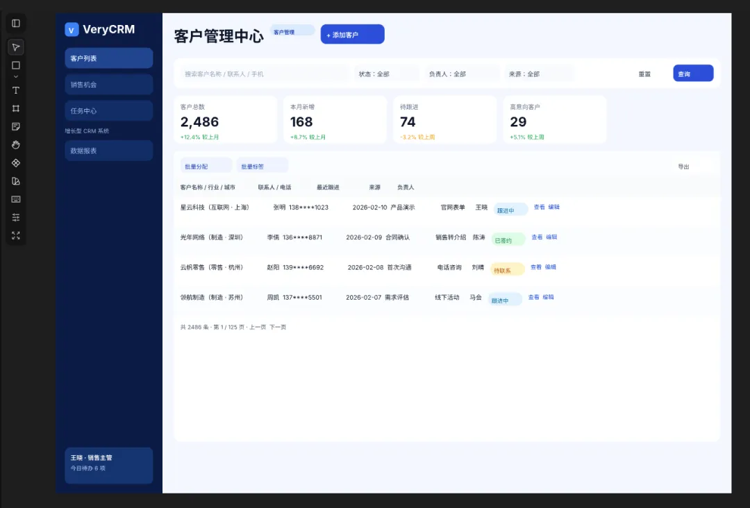 AI生成的CRM客户列表页，虽粗糙但结构完整